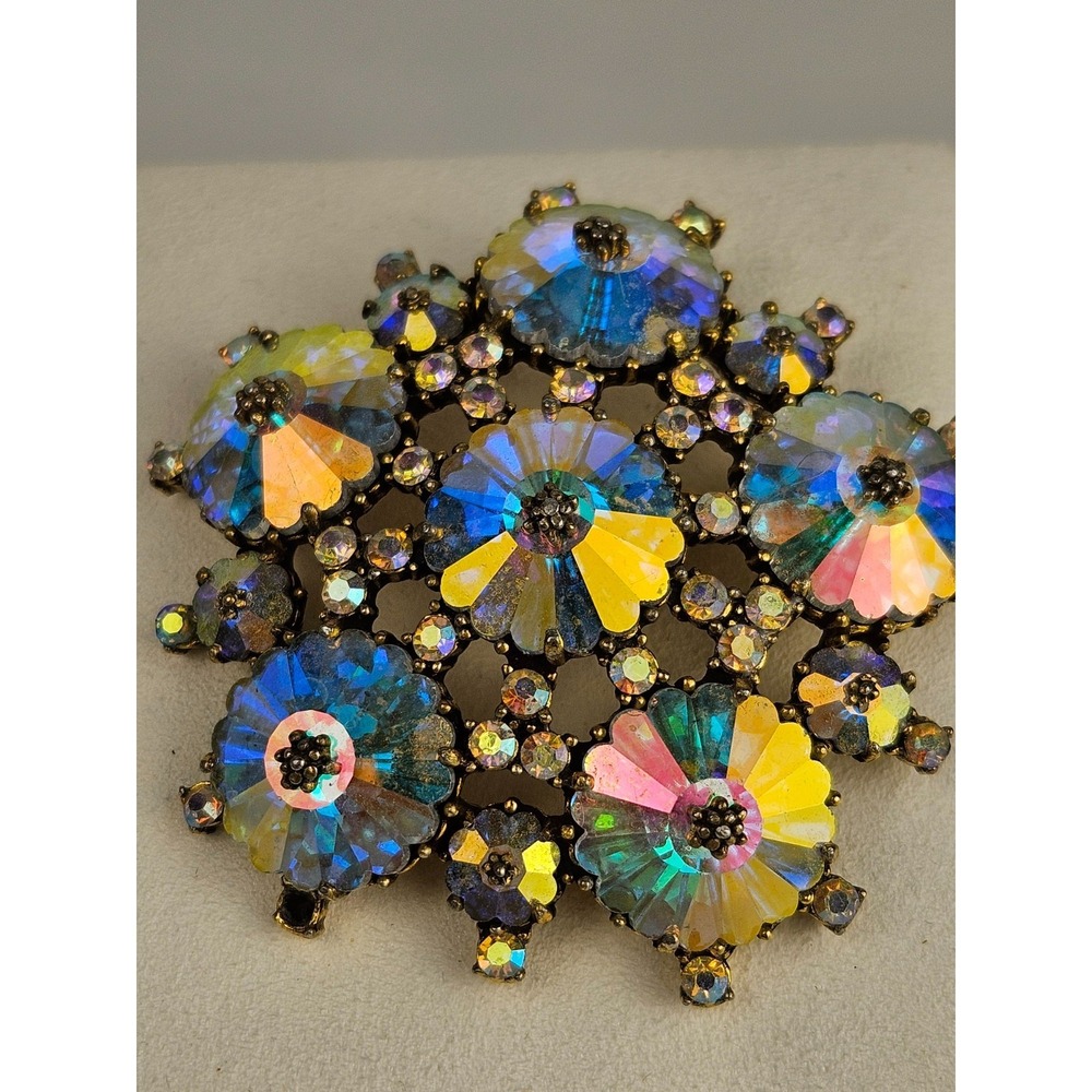Vintage WEISS‎ Aurora Borealis AB Rivoli Floral Brooch *See Description* - Picture 2 of 6